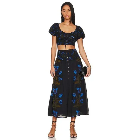 Free People Easy To Love Set in Black Combo Top Skirt Floral - Picture 1 of 4